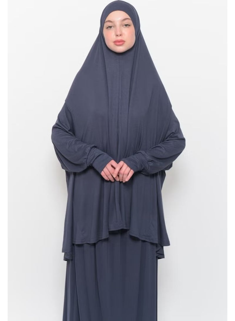 Altobeh Practical Two Piece Cotton Bat Sleeve Headscarf Organic Hijab Prayer Dress-Smoke - Image 4